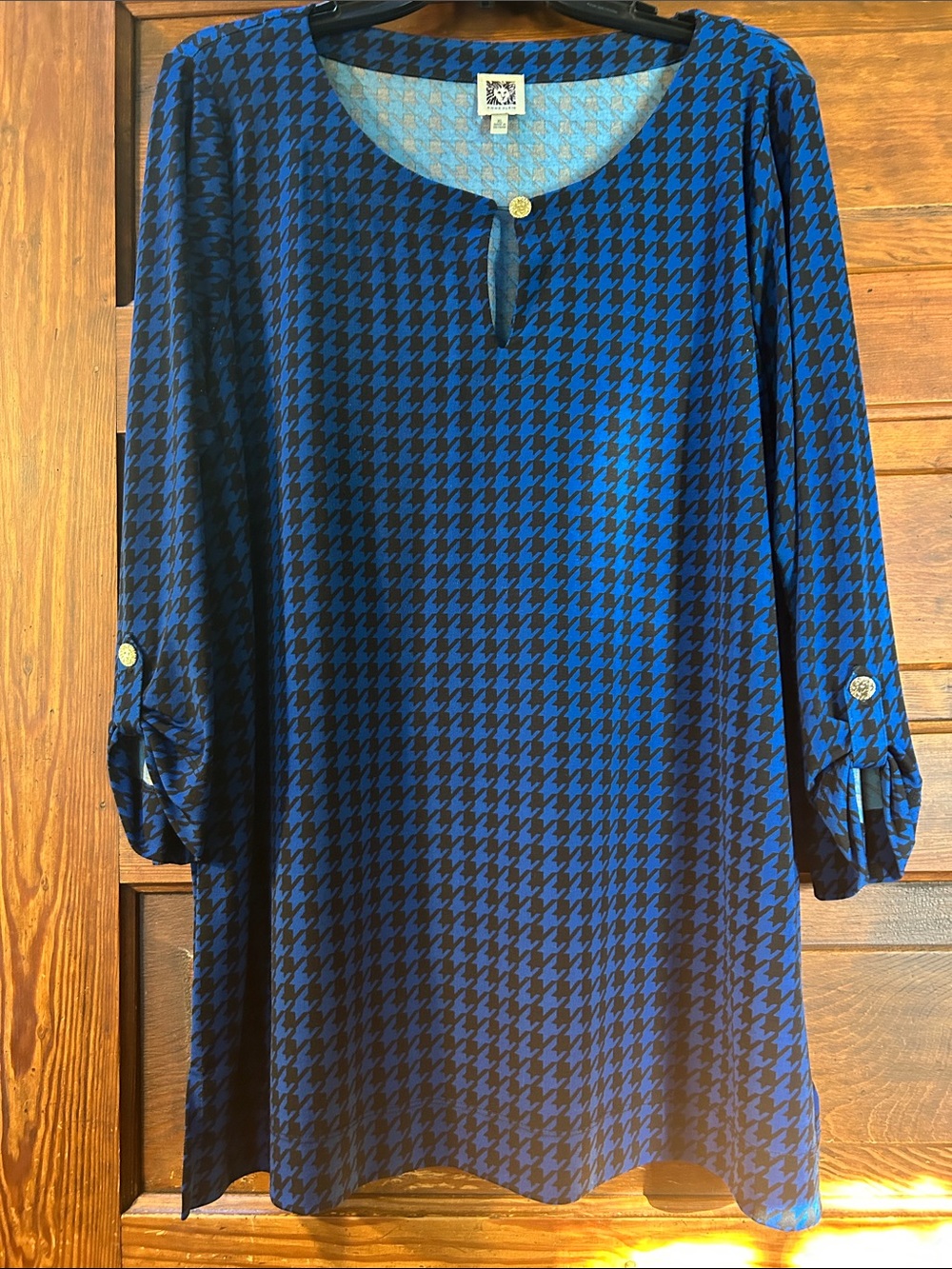 Anne Klein Blue and Black Houndstooth Long-Sleeve Tunic